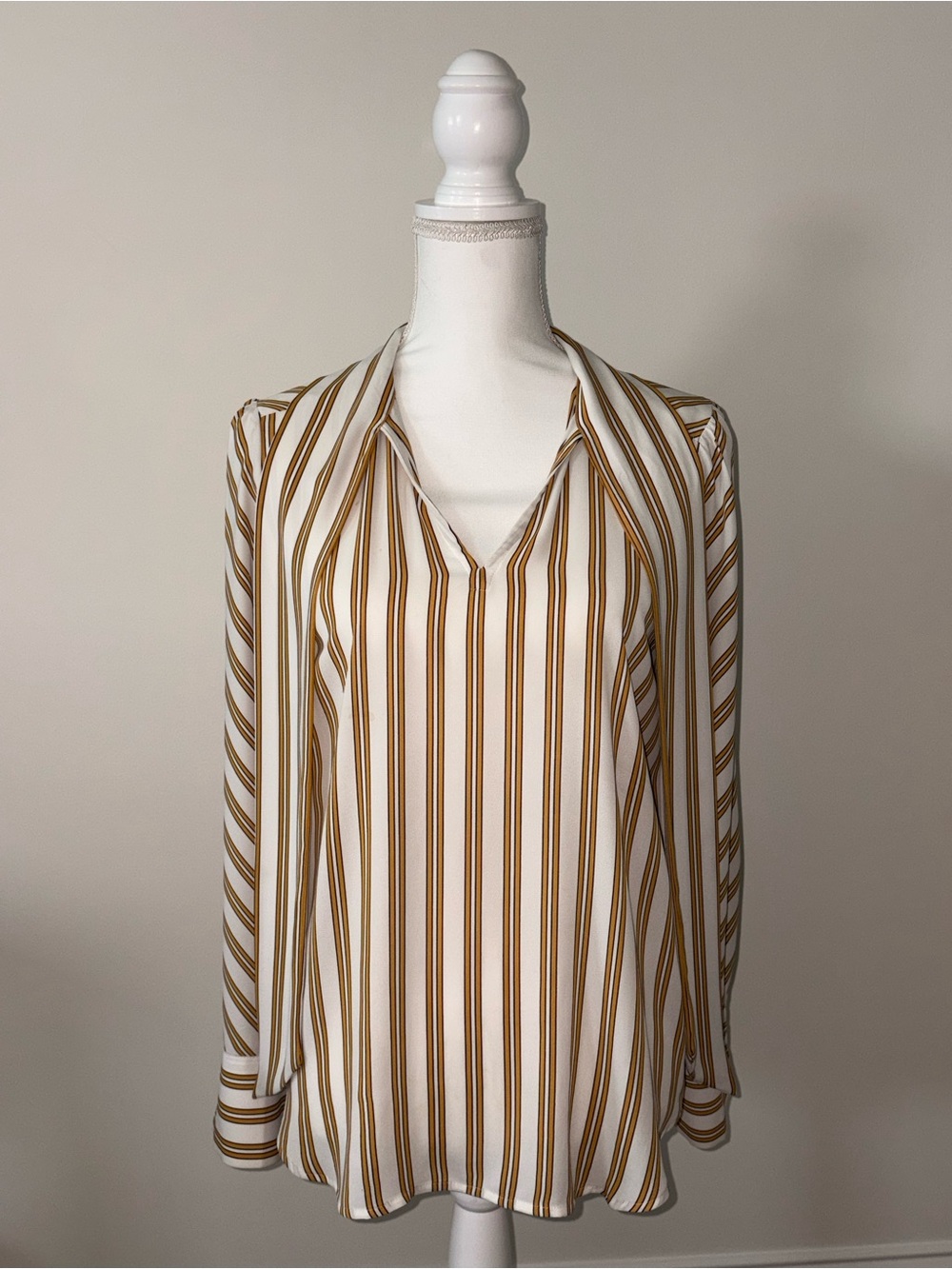 LOFT Cream Blouse with Brown Vertical Stripes